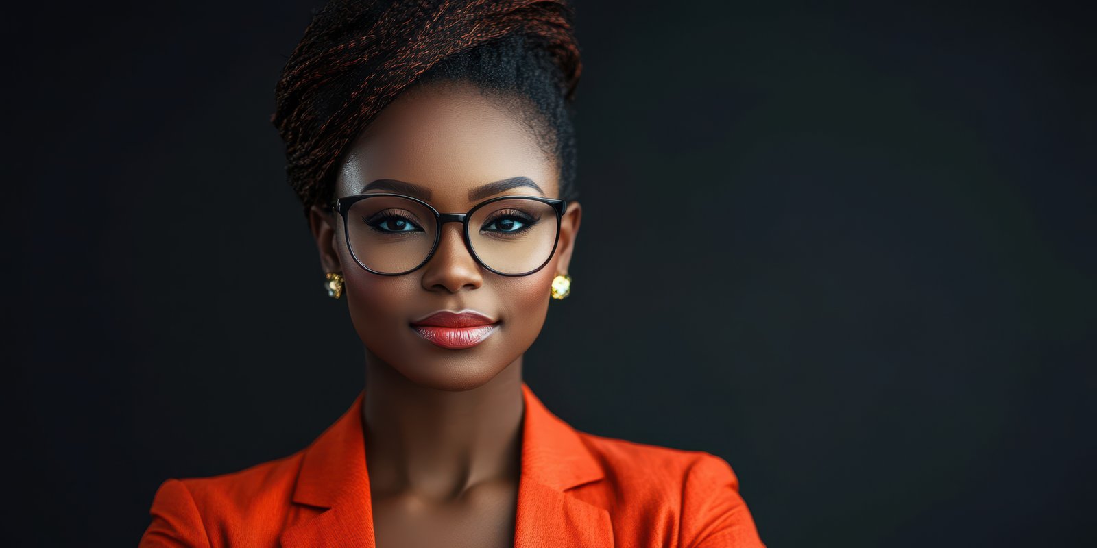 Confident professional woman wearing glasses poses in a striking orange blazer against a dark background